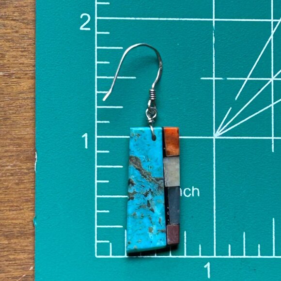 Turquoise & Multi-Stone Mosaic Inlay Earrings w 925 Sterling Silver Wires - Picture 8 of 9